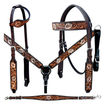 Bar H Equine Genuine Western American Leather Horse Premium Headstall & Breast Collar Set